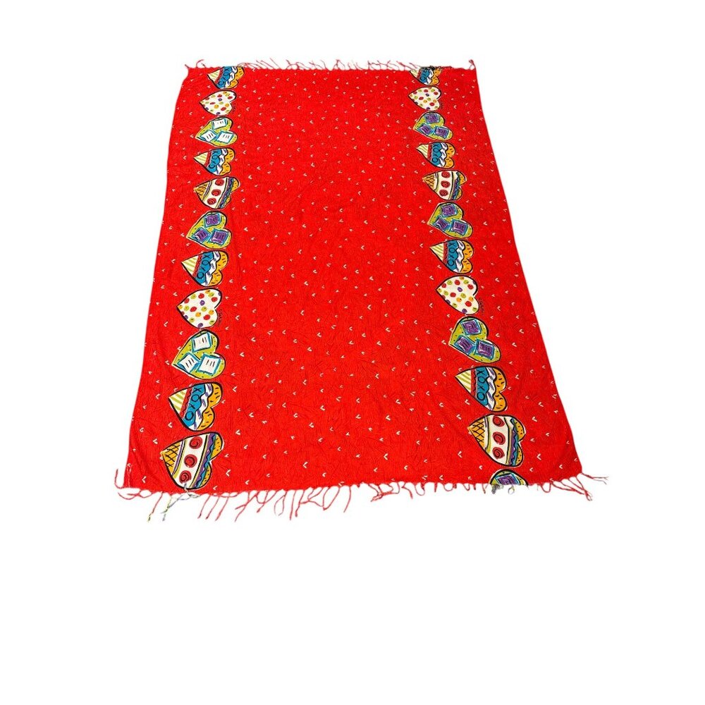 Sally Huss Red Heart Patterned Rayon Shawl Wrap Scarf With Fringe